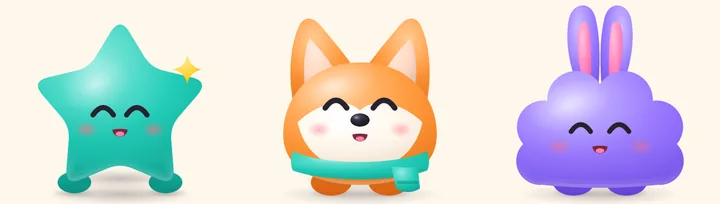The three Pip Plus bonus buddies: a teal star, an orange fox with a scarf and a purple cloud bunny