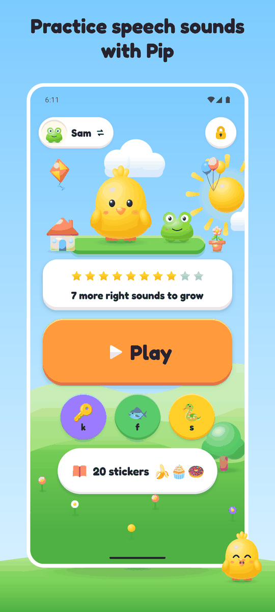 Home screen: Pip the chick on a sunny hill, a big orange Play button and three sound buttons
